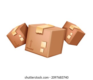 3D Vector Cardboard Box Icon, Closed Paper Shipping Container, Brown Delivery Package Illustration. Fragile Cube Cargo Service Sign Design Element Isolated On White. 3D Storage Box With Tape