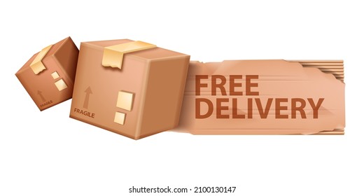3D vector cardboard box icon, free delivery service concept, closed paper shipping container, brown package illustration. Fragile cube cargo sign design element isolated on white. 3D storage box, tape
