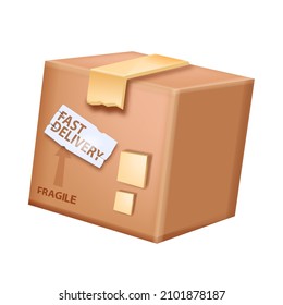 3D vector cardboard box icon, brown delivery package illustration, closed paper shipping container. 3D storage box with tape. Fragile cube cargo service sign design element isolated on white
