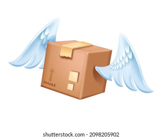 3D vector cardboard box with wings, brown delivery package icon, flying closed paper shipping container. Fragile cube cargo service sign design element isolated on white. 3D storage box with tape