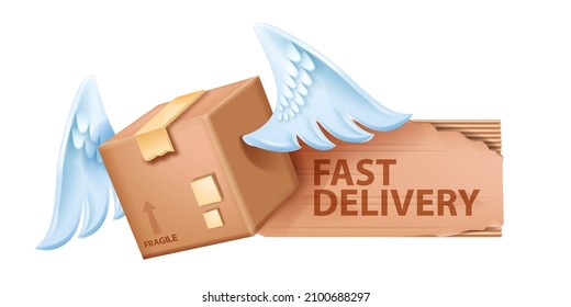 3D vector cardboard box with wings, flying closed paper shipping container, brown delivery package icon. 3D storage box with tape. Fragile cube cargo service sign design element isolated on white