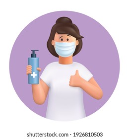 3D vector cartoon character. Young woman wearing mask ,using and showing alcohol antiseptic gel, sanitizer to clean hands and prevent germs, virus infection.  Making good sign, shows gesture cool.