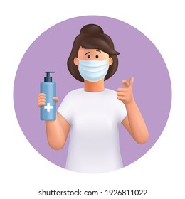 3D vector cartoon character. Young woman wearing mask ,using and showing alcohol antiseptic gel, sanitizer to clean hands and prevent germs, virus infection.  Pointing her finger to you.