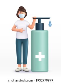 3D vector cartoon character. Young woman wearing mask ,standing near big alcohol antiseptic gel, sanitizer to clean hands and prevent germs, virus infection.  points at the gel with a finger.