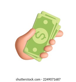 3d vector cartoon design female hand holds and gives bunch dollar banknote bills design illustration. Corruption, online payment, financial operation with money, investment, donation, help, saving