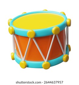 3d tambor de desenho animado vetor em cores amarelas brilhantes, azuis, vermelhas. Instrumento musical. Brinquedo infantil. Aparelhos de percussão acústica para concertos e festas. Ilustração de ícone. Plano de fundo isolado.