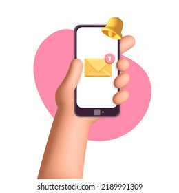 3d vector cartoon hand holding phone with email new message notification with bell reminder icon design illustration. Social media network and marketing concept. Yellow envelope with new message 