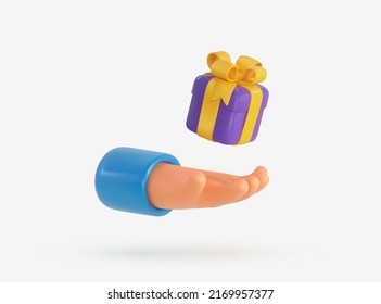 3d vector cartoon human arm giving purple gift box vector illustration. Hand holding giftbox design element on white background