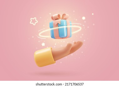 3d vector cartoon human hand giving magic gift box with light effect vector illustration. Arm holding blue giftbox design element on soft pink background