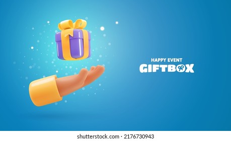 3d vector cartoon human hand giving purple gift box with yellow bow vector illustration. Arm delivering a giftbox on blue background