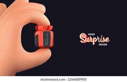 3d vector cartoon human hand holding black gift box with red bow vector illustration. Arm giving a gift box on dark background. Win prize, giveaway, best offer web banner template
