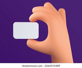 3d vector cartoon human hand holding white empty card. Businessman hand holding label or tag on dark background. Isolated design elements.