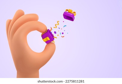 3d vector cartoon human hand holding gift box with explosion confetti on light background. Arm giving open gift box design element.