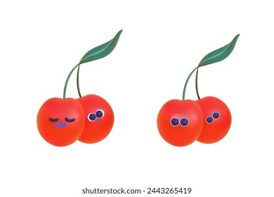 3d vector cartoon icon set, cherry vector, vector characters, red 3D cherry on a white background