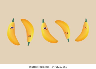 3D-Vektor-Cartoon-Icon-Set, niedliche Bananen-Vektor, Vektor-Früchte-Charakter, gelbe 3D-Banane