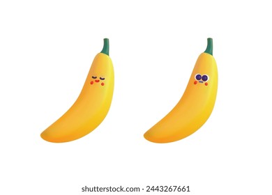 3d vector cartoon icon set, cute bananas vector, vector fruits character, yellow 3D banana