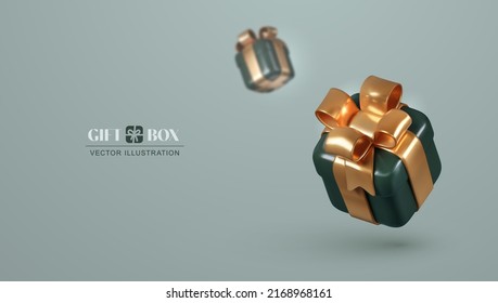 3d vector cartoon luxury dark green gift box on light background. Realistic giftbox banner ads template.