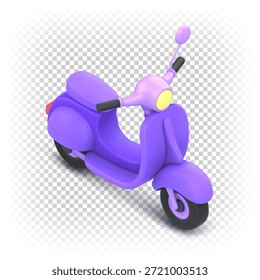 Ciclomotor de desenhos animados vetoriais 3D em projeção isométrica isolado em um fundo branco. Roxo scooter visão frontal