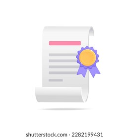 3d vector cartoon plastic render rolled paper bill or certificate award document symbol with purple  stamp ribbon medal quality guarantee icon design