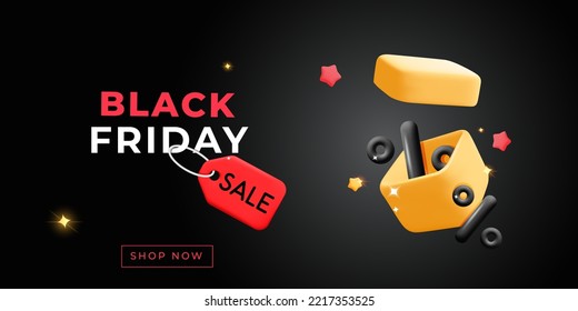 3d vector cartoon render Black percentage sign inside Yellow open gift box and red discount percent symbol. Cartoon plastic render promo banner for Black Friday Sale design.  Poster online shopping