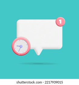 3d Vector Cartoon Render Empty White Reminder Rectangle Speech Bubble Notification With Alarm Clock And New Income Message Symbol Design. Push Notification, Popup Notice, Mobile Phone App Newsletter.