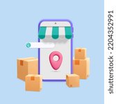 3d vector cartoon render fast delivery service with app on mobile phone poster. Smartphone with paper boxes, search bar, store awning and location pin symbol.  Online shopping, order, tracking.