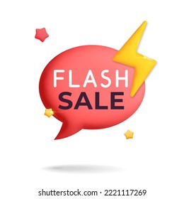 3d vector cartoon render flash sale notification bubble box poster design. Red round chat message with yellow bolt lightning Discount label tag for holiday template.