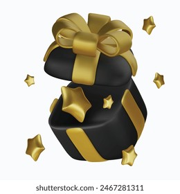 3d vector cartoon render floating black present gift closed box with gold star. Celebration, anniversary, greeting festive present surprise decoration element.