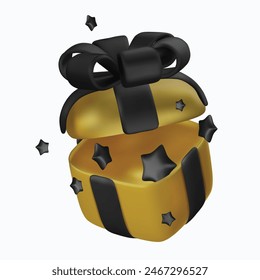 3d vector cartoon render floating gold present gift closed box with black star. Celebration, anniversary, greeting festive present surprise decoration element.