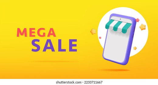 3d vector cartoon render flying smartphone with shop awning online shopping sale banner template design. Mobile store app  discount percent coupon and social media like symbol. 