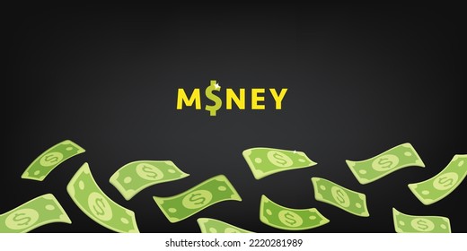 3d vector cartoon render green dollar paper currency money at the bottom of black background banner design. Pattern Floating, flying banknote with test. Finance, investment, business concept.