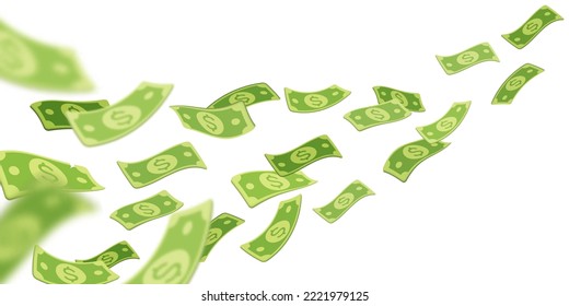 3d vector cartoon render green dollar paper currency money banner design. Floating, flying banknote isolated on white background. Finance, investment, business concept.