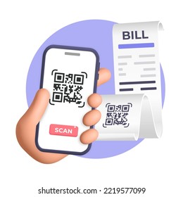 3d vector cartoon render hand holds smartphone and scans QR code from paper bill invoice with mobile app banner design. Technology and business concept. 