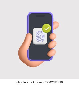 La mano de representación de dibujos animados vectoriales 3d mantiene la seguridad desbloqueada a través de la huella digital en Smartphone con el diseño de símbolos de notificación de marca hecho, bien, bien. Acceso personal mediante huellas digitales, autorización de usuario