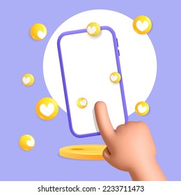 3d vector cartoon render hand click touch gesture on smartphone screen with heart shape like symbol. Floating phone with mobile app on stage podium for digital marketing promotion in social media. 