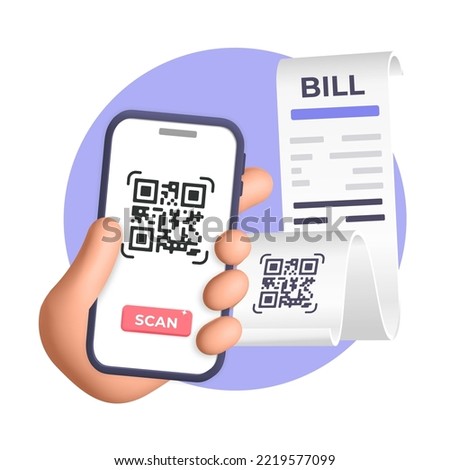 3d vector cartoon render hand holds smartphone and scans QR code from paper bill invoice with mobile app banner design. Technology and business concept. 
