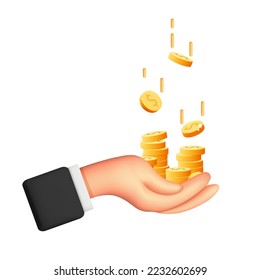 3d vector cartoon render man hand holding stack of gold dollar coins banner design. Floating money, investment, profit, jack pot, casino, poker, making money, business success, revenue concept