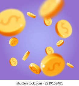 3d vector cartoon render money rain poster design. Floating, falling and flying gold dollar coins explosion poster illustration on purple background. Casino, jackpot, investment concept.