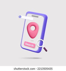 3d vector cartoon render navigation service on mobile app on smartphone with search button, magnifying glass, location pin symbol banner.  Purchase, free shipping, online ordering service, travel.