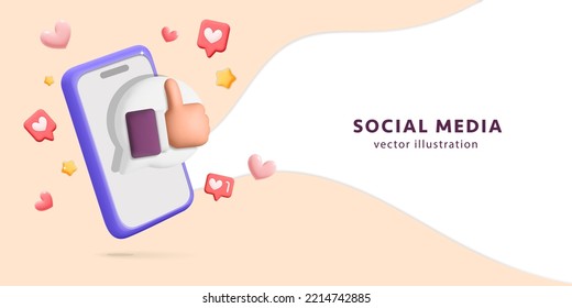 3d vector cartoon render online marketing promotion in social media on smartphone banner design illustration. Mobile phone with like, thumb up hand gesture, love social media symbols. Application
