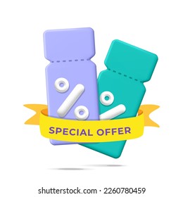 3d vector cartoon render online shopping special offer badge with two flying coupon ticket symbol. Sale voucher advertisement web mockup element with holiday ribbon desig