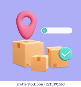 3d vector cartoon render poster for fast online delivery service.  Cardboard parcel boxes with check mark, search bar with magnifying glass and pin location symbol. Online shopping, order, tracking.