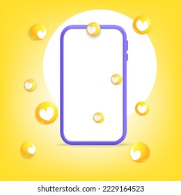 3d vector cartoon render purple smartphone with yellow round like heart shape symbol for digital marketing promotion banner design. Like emoticon, social media mobile app service template.
