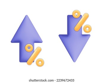 3D-Vektorgrafik macht violetten Pfeil nach oben, wobei die prozentualen Symboleinkommen steigen. Einkommen, Inflationsrate, Nutzen, Investitionen, Geschäftserfolg, Zinsanstieg, Konzept der Wirtschaftskrise. 