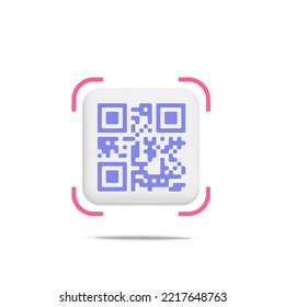 3d vector cartoon render qr code scanning sample icon for website verification, online shop payment on mobile app design. Purple square scan symbol isolated on white background.