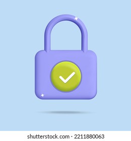 3d vector cartoon render security lock protection guarantee service logo design. Purple lock symbol with green check mark logo. Identification, right of access, password and information, data security