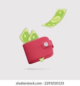 3d vector cartoon render style pink money wallet with floating green dollar currency bills symbol design. Business financial investment, salary, budget, savings, cash back, online payment.