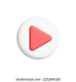 3d vector cartoon render white round play button in minimalistic style icon. Push player ui element for live stream or media app and web page isolated on white background.