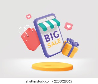 3d vector cartoon render yellow podium stage with flying shop awning smartphone, gift box and bag banner template design. Big online shopping sale mobile store app with social media like symbol. 