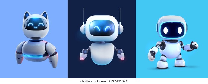 3D vector cartoon robots, each with unique designs and cheerful expressions. These robots are displayed against colorful backgrounds and showcase a futuristic, friendly look, ideal for technology.